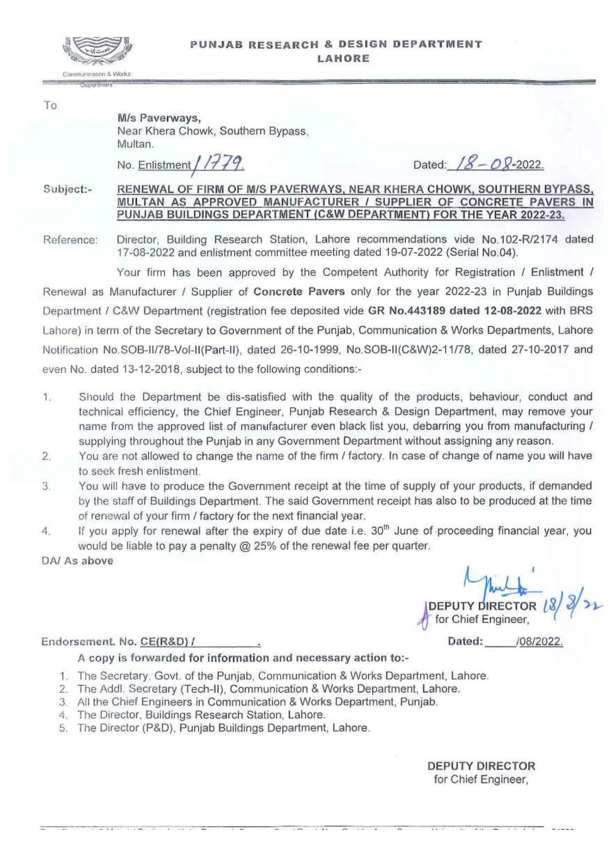Punjab C&W Department Approval Letter