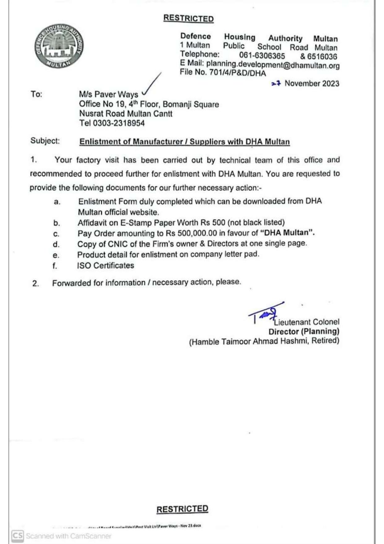 DHA Multan Enlistment Letter